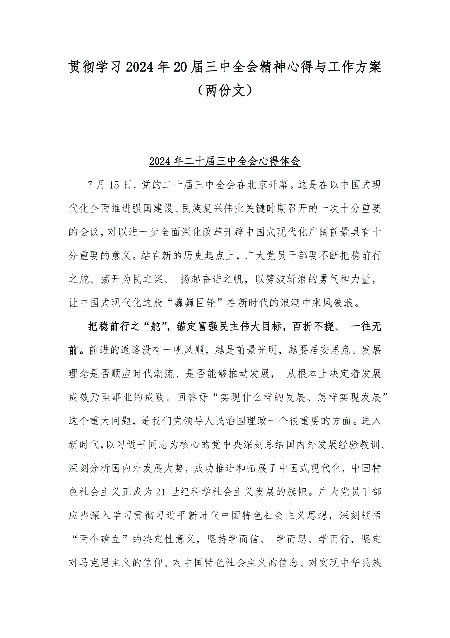 贯彻学习2024年20届三中全会精神心得与工作方案（两份文）_第1页