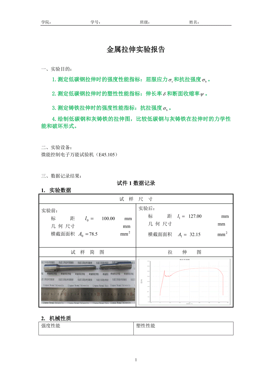 工程力学实验报告 金属拉伸实验报告_第1页